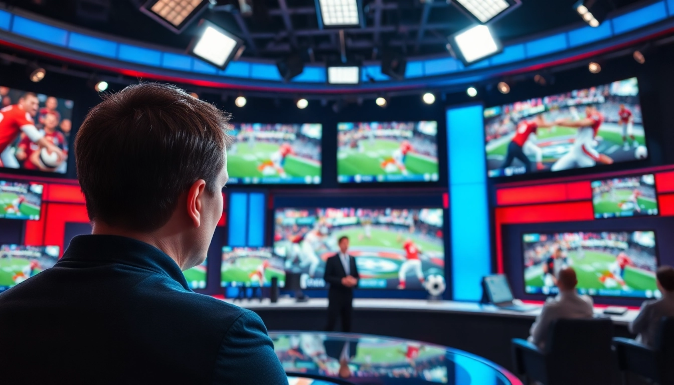 Engaging in sports broadcasting with dynamic hosts and vibrant screen displays.