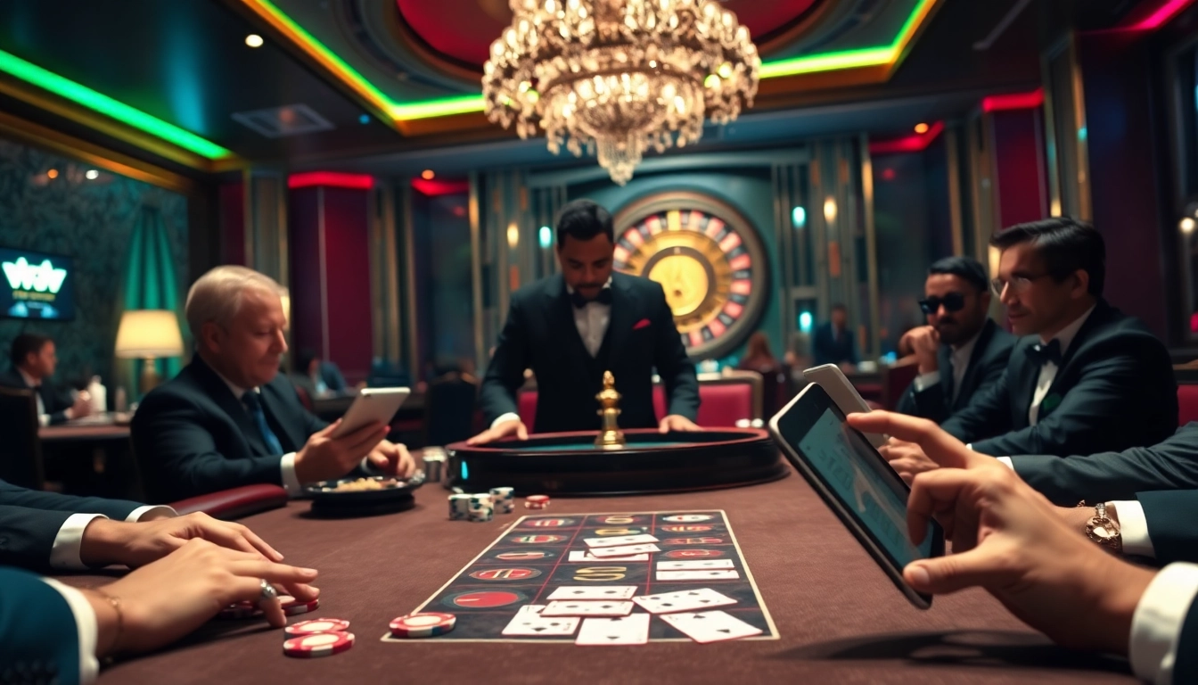 Players strategize around a poker table in a luxurious casino, reflecting the hidden wiki tor theme.