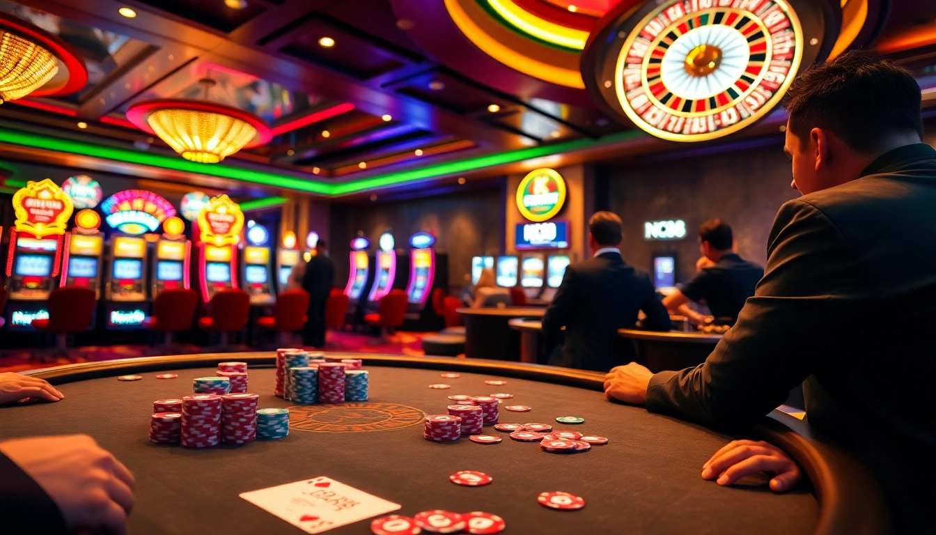 Players enjoying a high-stakes poker game at Nc88's vibrant casino table with poker chips and cards.