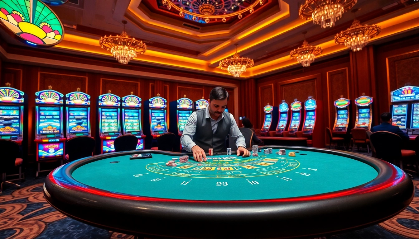 Experience the excitement of 13Win at a luxury blackjack table with vibrant casino elements.