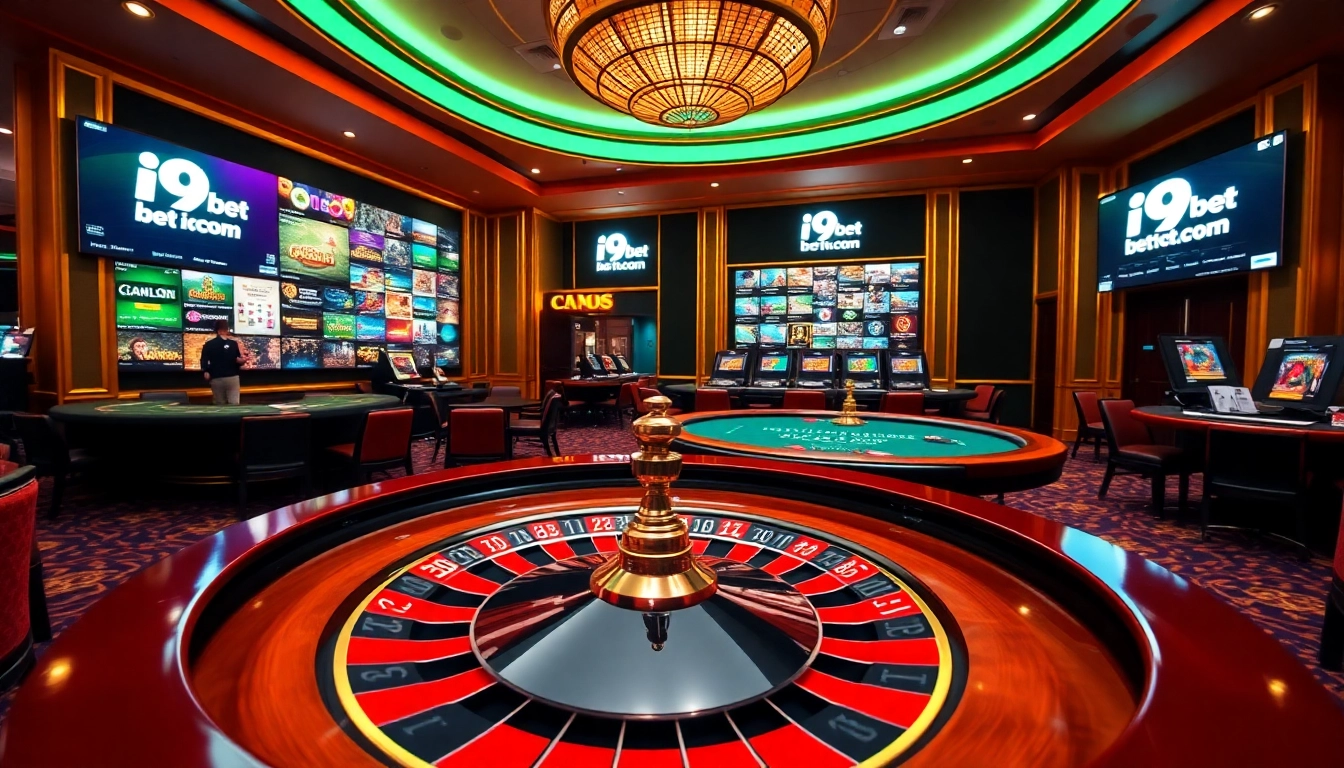 Experience the excitement of i9bet .com with vibrant casino visuals showcasing poker, roulette, and online gaming atmosphere.