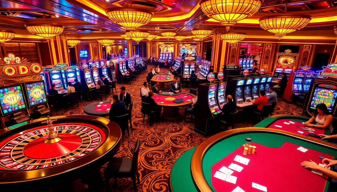 SODO casino scene with players at tables, colorful slot machines, and vibrant atmosphere.