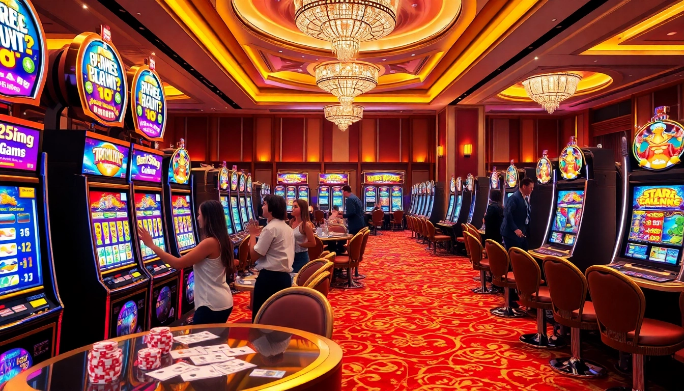 Players enjoying thrilling slot games amid a luxurious casino atmosphere, showcasing excitement and winning potential.