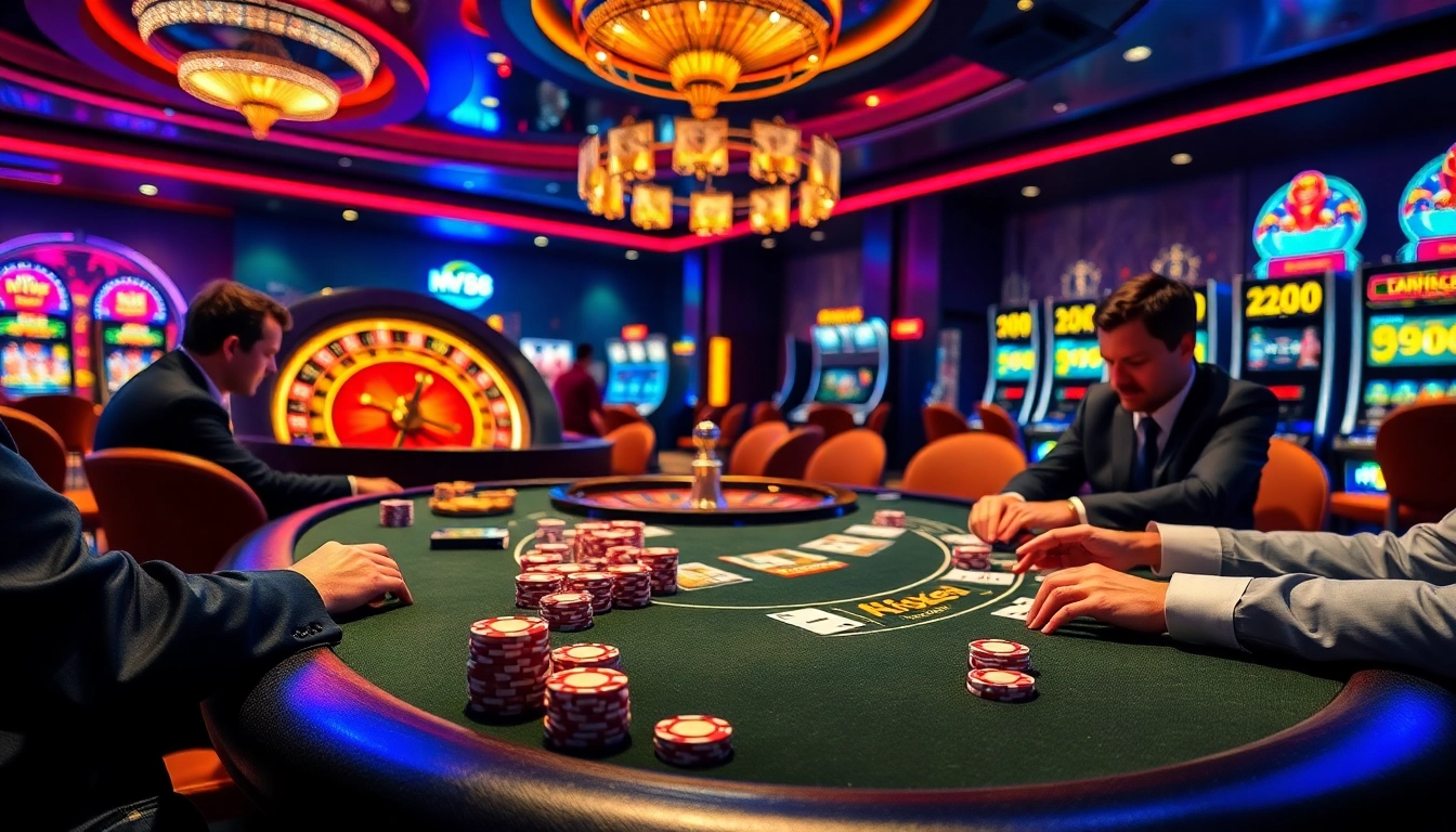 Gamblers strategizing at the luxurious MV88 casino poker table with vibrant atmosphere.