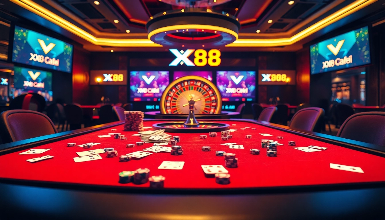 Engage with the excitement at nhà cái XX88's premium casino table featuring vibrant cards and chips.
