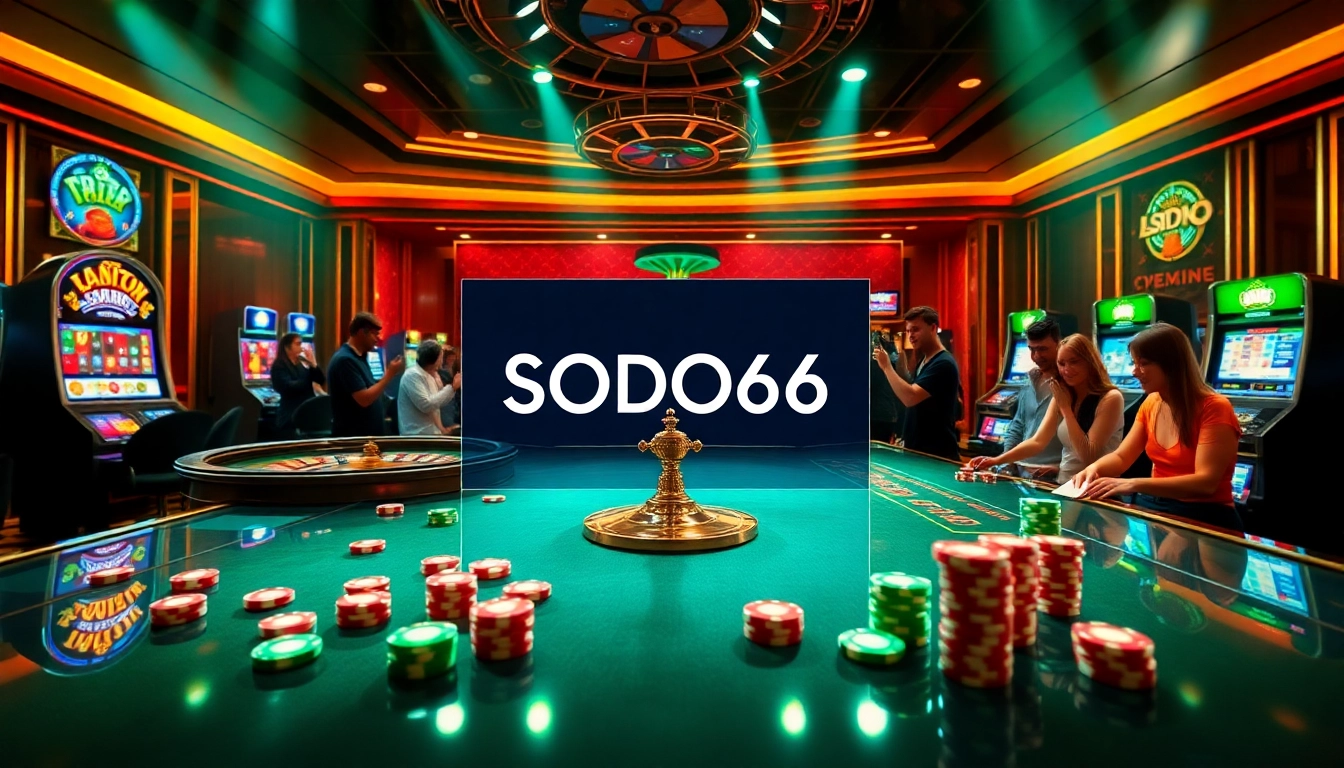 Exciting casino scene featuring SODO66 branding on modern gambling interfaces with roulette and slot machines.