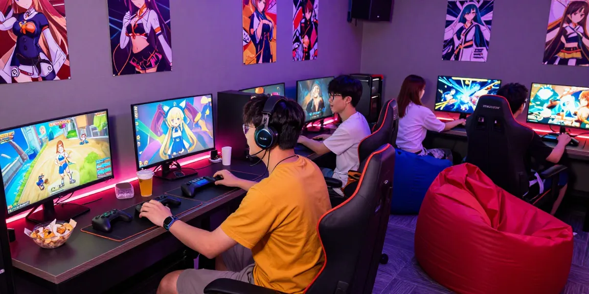 Engaging scene of friends playing hentai games in a vibrant gaming lounge