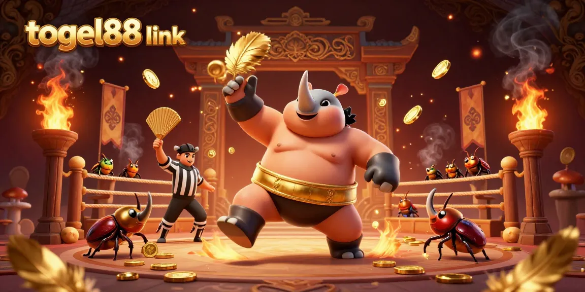 Engage with the thrilling togel88 link scene featuring a beetle sumo champion amidst gold coins and excitement.