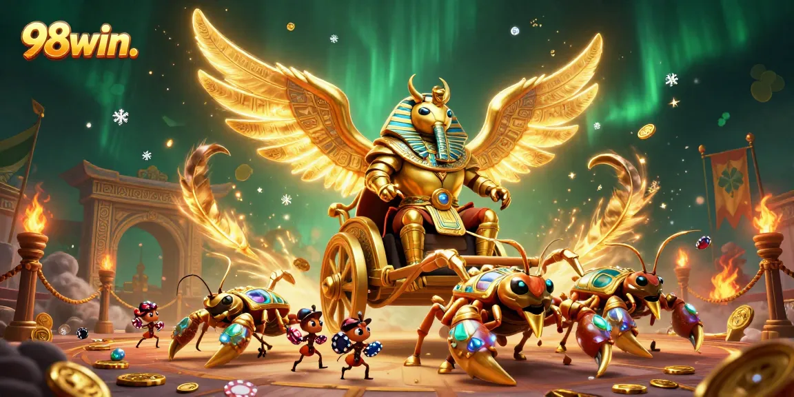 Engage with 98win. through an epic casino adventure featuring a colossal scarab and scorpions.
