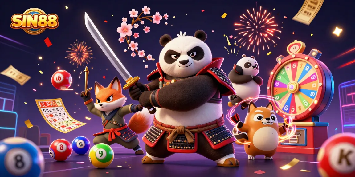 SIN88 engages players with dynamic 3D illustrations featuring samurai, golden shurikens, and vibrant lottery balls.
