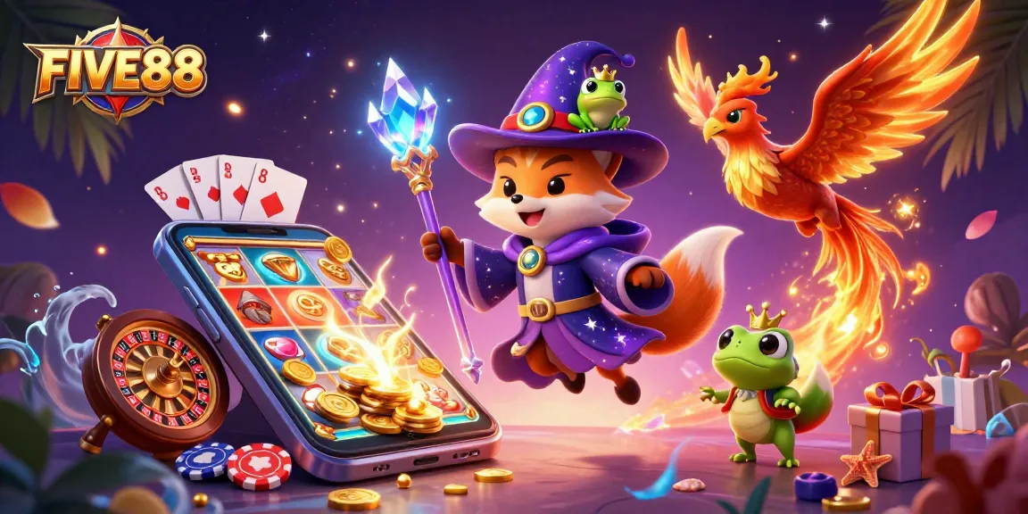 FIVE88 captures the excitement of online gaming with a wizard fox, phoenix, and vibrant casino elements.