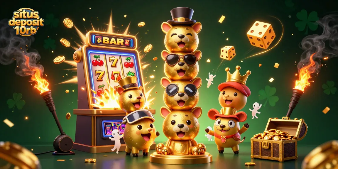 Play at situs deposit 10rb and experience vibrant casino action with dynamic slot machine bursts and animated characters.