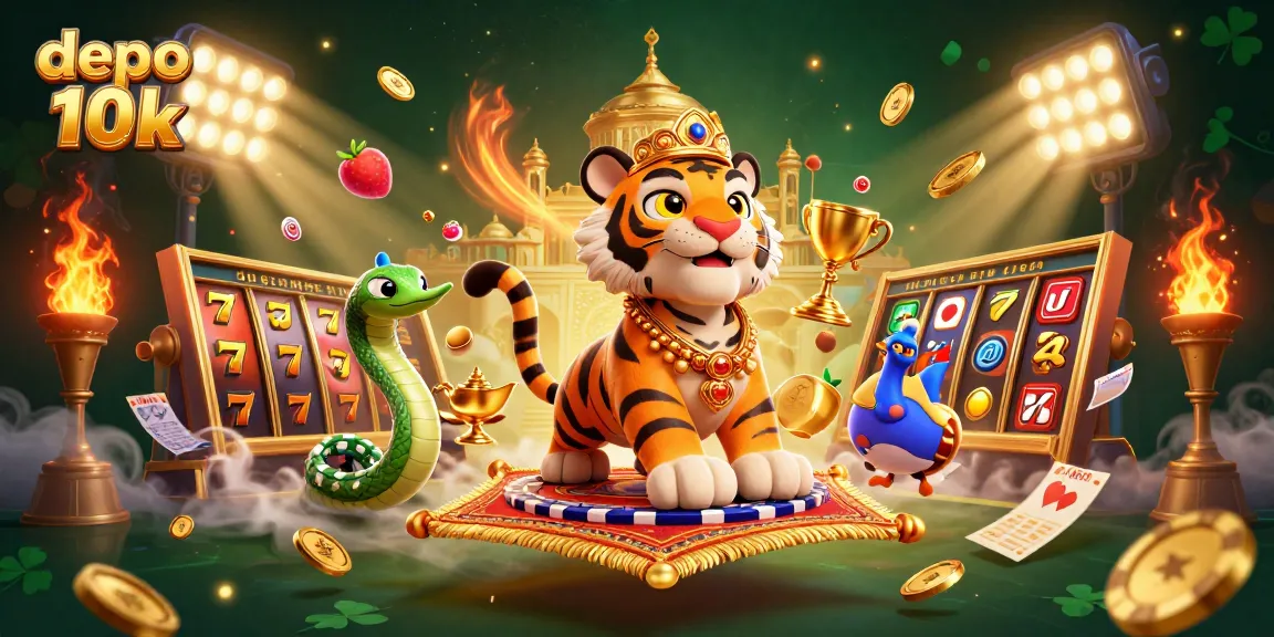 Experience the thrill of depo 10k slots with vibrant casino elements in a dynamic, engaging 3D illustration.