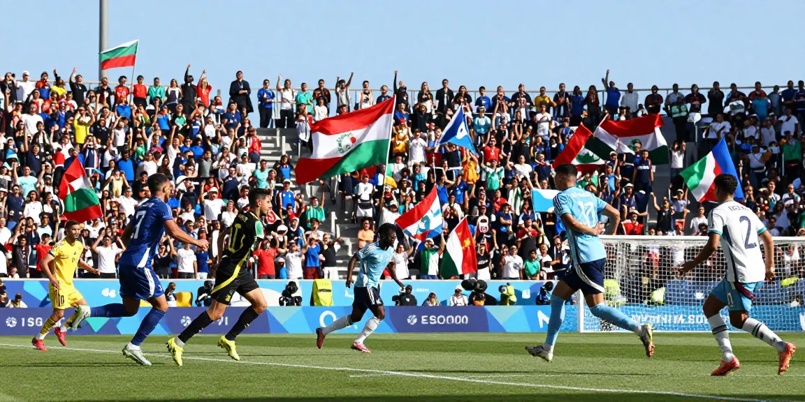 Exciting stadium view during كأس العالم 2026, capturing an intense moment as players engage in a dramatic play.