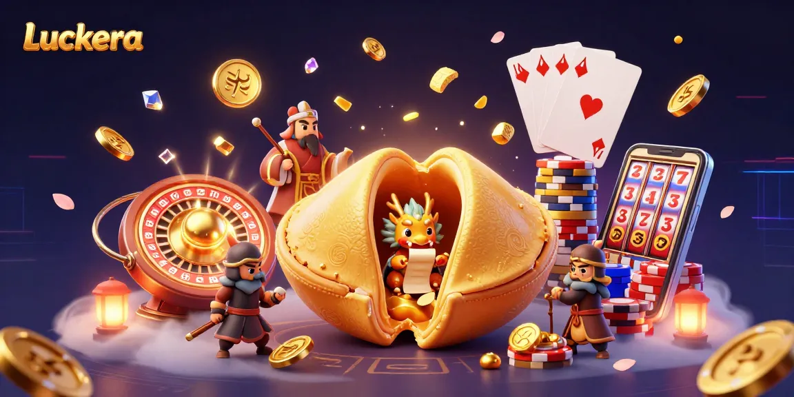 Luckera features a vibrant casino scene with golden coins, a wise dragon, and slot machine reels.