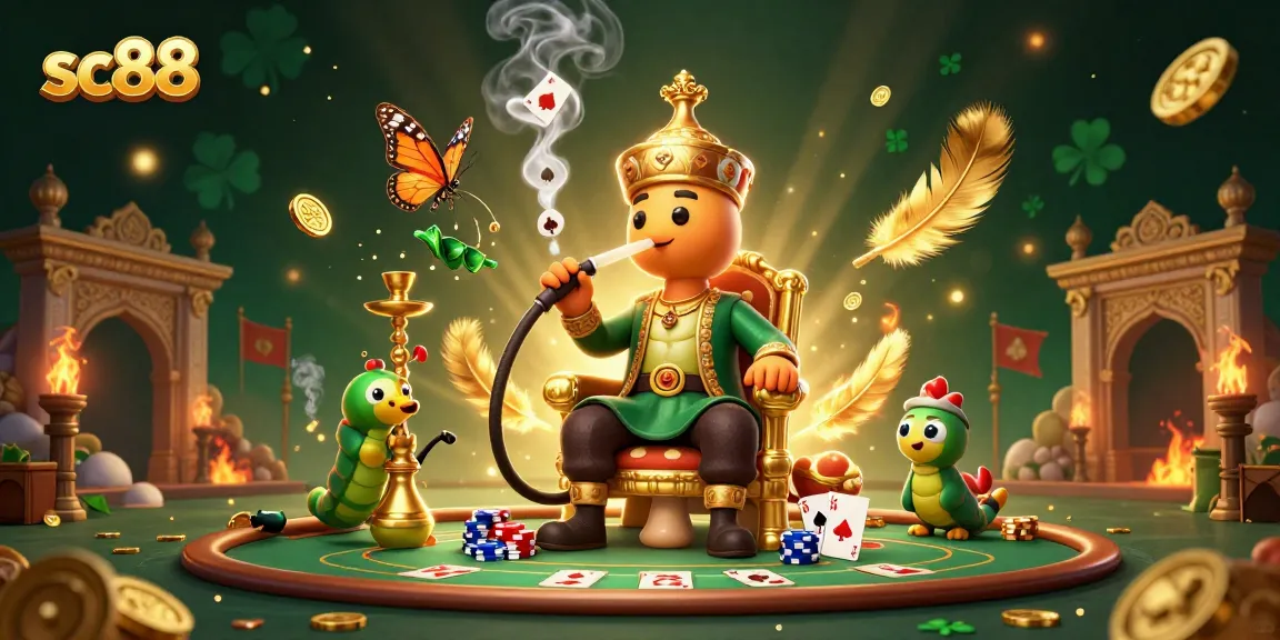 sc88 poker night with a caterpillar master blowing smoke rings in a vibrant casino.