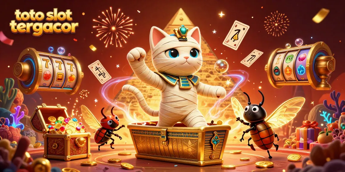 Spin the reels in the vibrant world of toto slot tergacor with a dynamic 3D casino scene featuring a mummy cat.