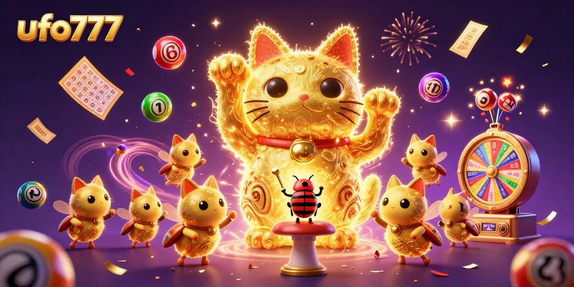 Experience gaming excitement with ufo777 featuring dynamic lottery balls and a lucky cat illustration.